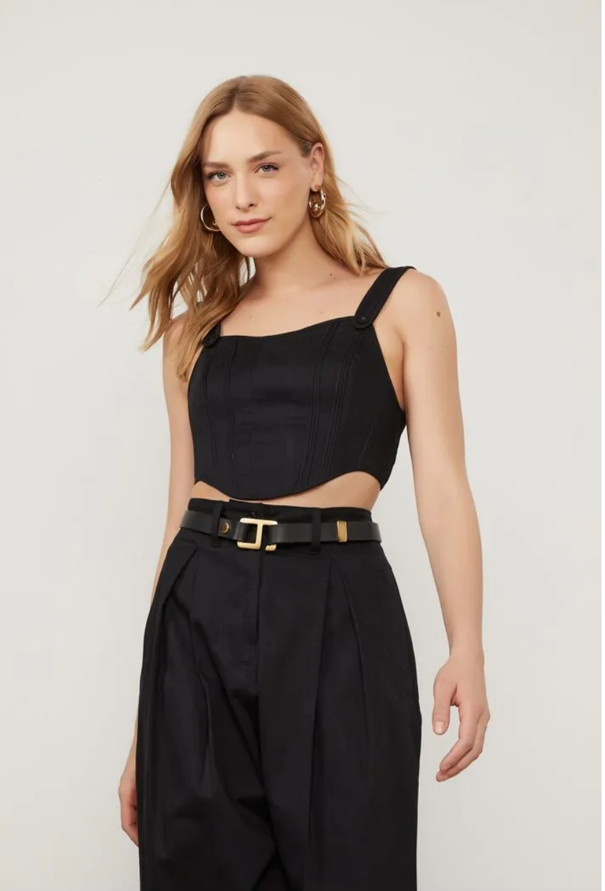 TOP CROPPED ESTRUTURADO PRETO COM ABOTOA